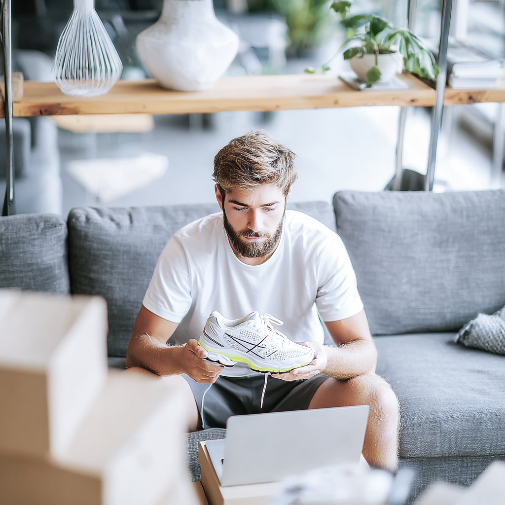 Mann auf Sofa packt neue Laufschuhe aus