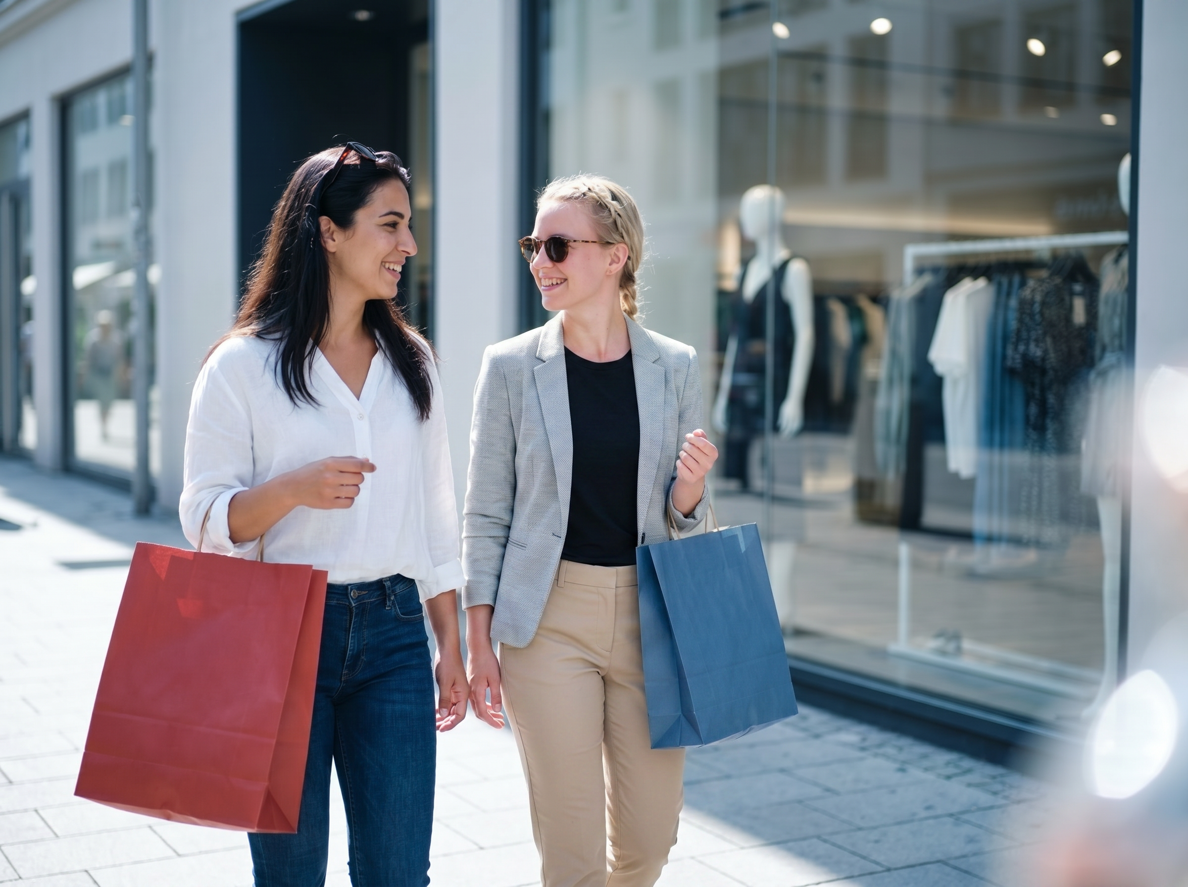 Zwei Frauen gehen lächelnd an einem Schaufenster vorbei und tragen Einkaufstaschen; im Hintergrund sind Kleidung und eine Schaufensterpuppe zu sehen.