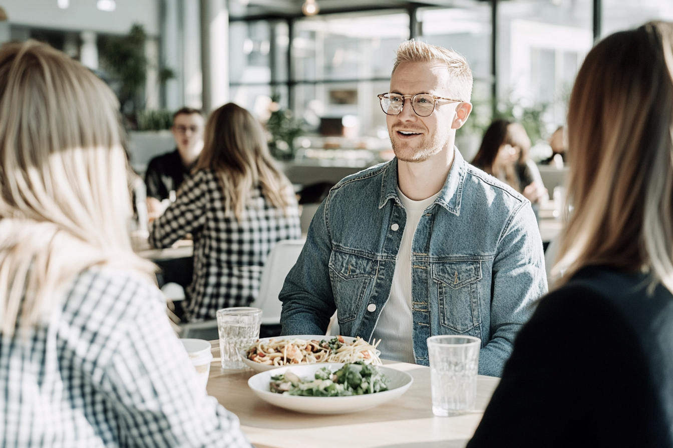 Gruppe von Kolleginnen und Kollegen sitzt zusammen beim Mittagessen