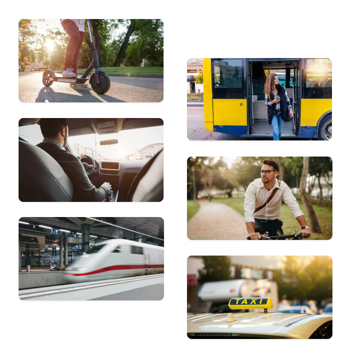 Mobilitätsbudget Bildcollage: Scooter, Bus, Auto, Zug, Fahrrad, Taxi