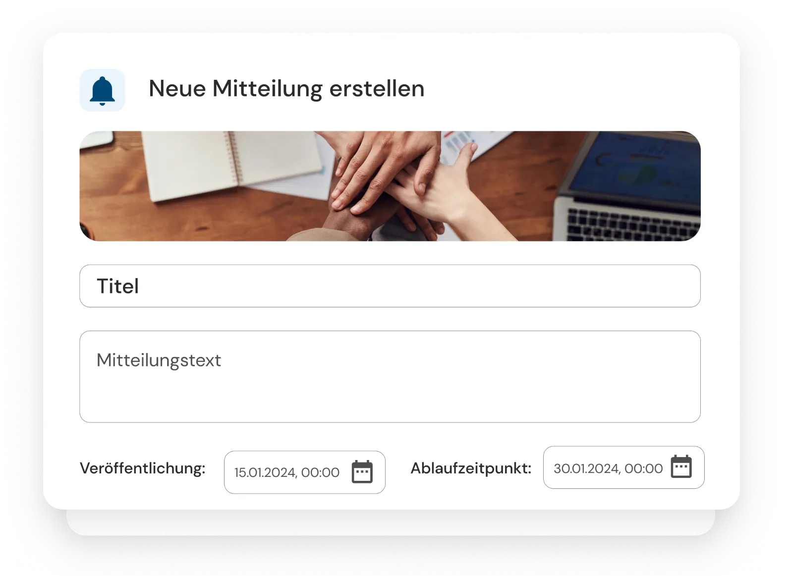 Steuerung von Kommunikation & Zufriedenheit an einem Ort Oberfläche zur Erstellung einer Mitteilung an die Mitarbeiter:innen