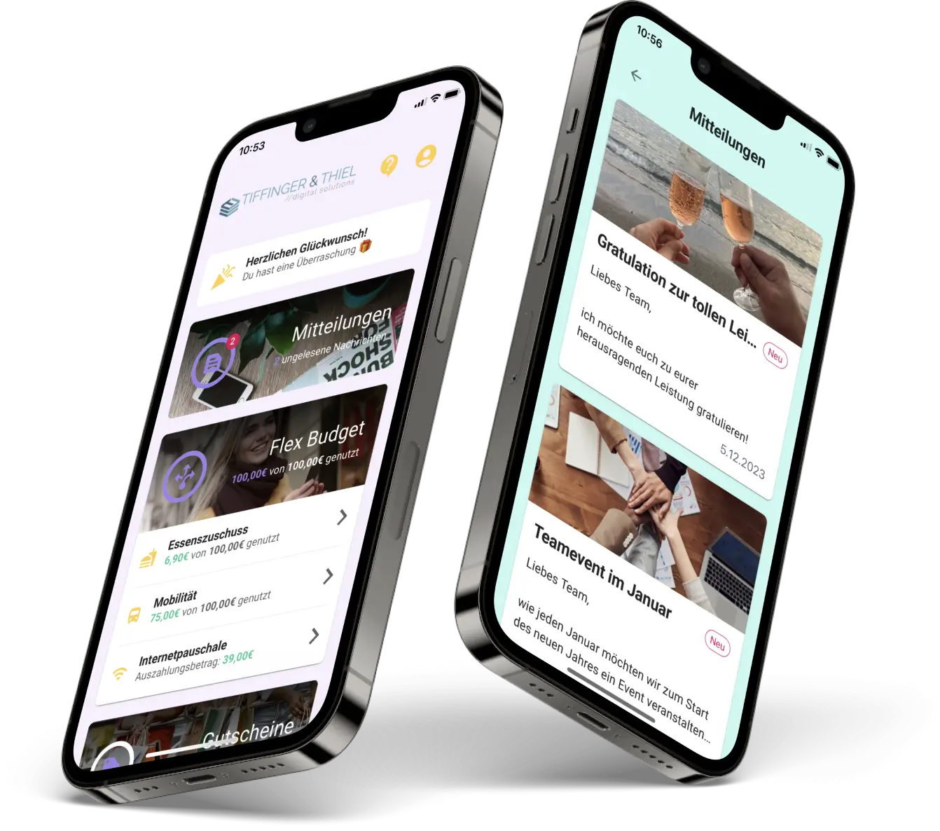 Smartphone zeigen die Oberfläche in der Probonio-App für die Mitarbeiterkommunikation