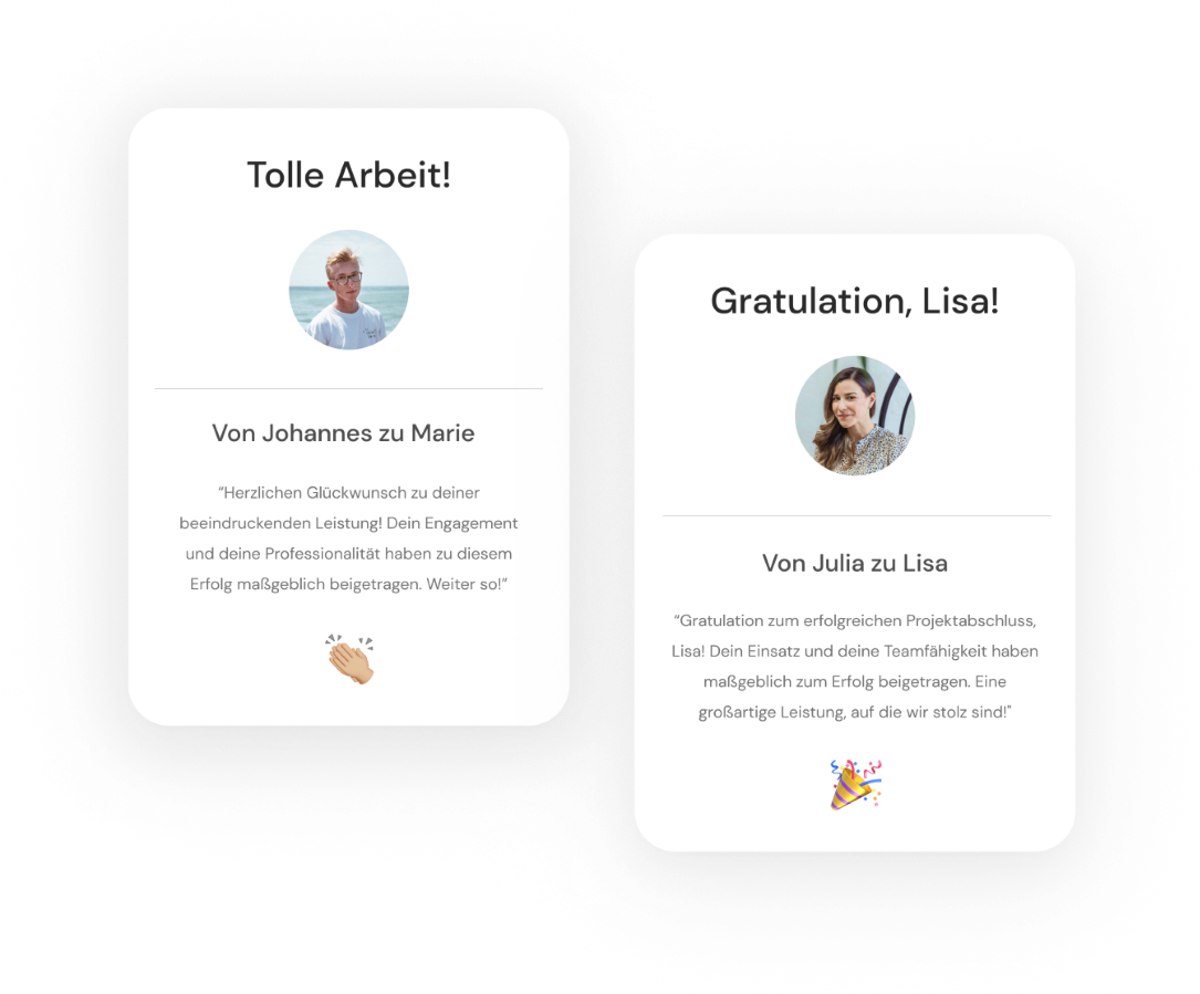 Feedback und Anerkennung transparent gestalten Mockups wie die persönlichen Feedback- und Anerkennungsmitteilungen aussehen