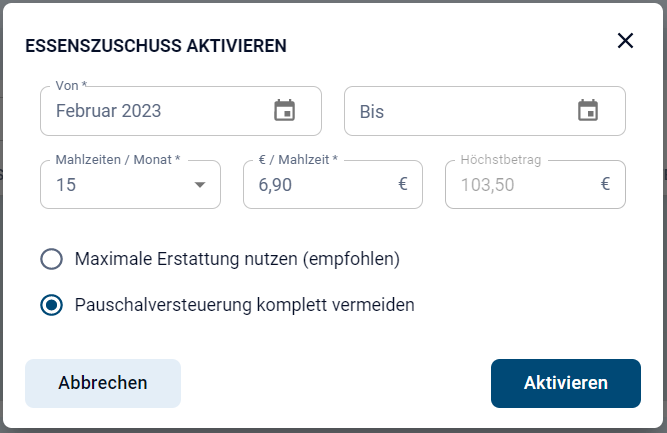 Beispiel der Software, wie der Essenzuschuss aktiviert und konfiguriert werden kann.