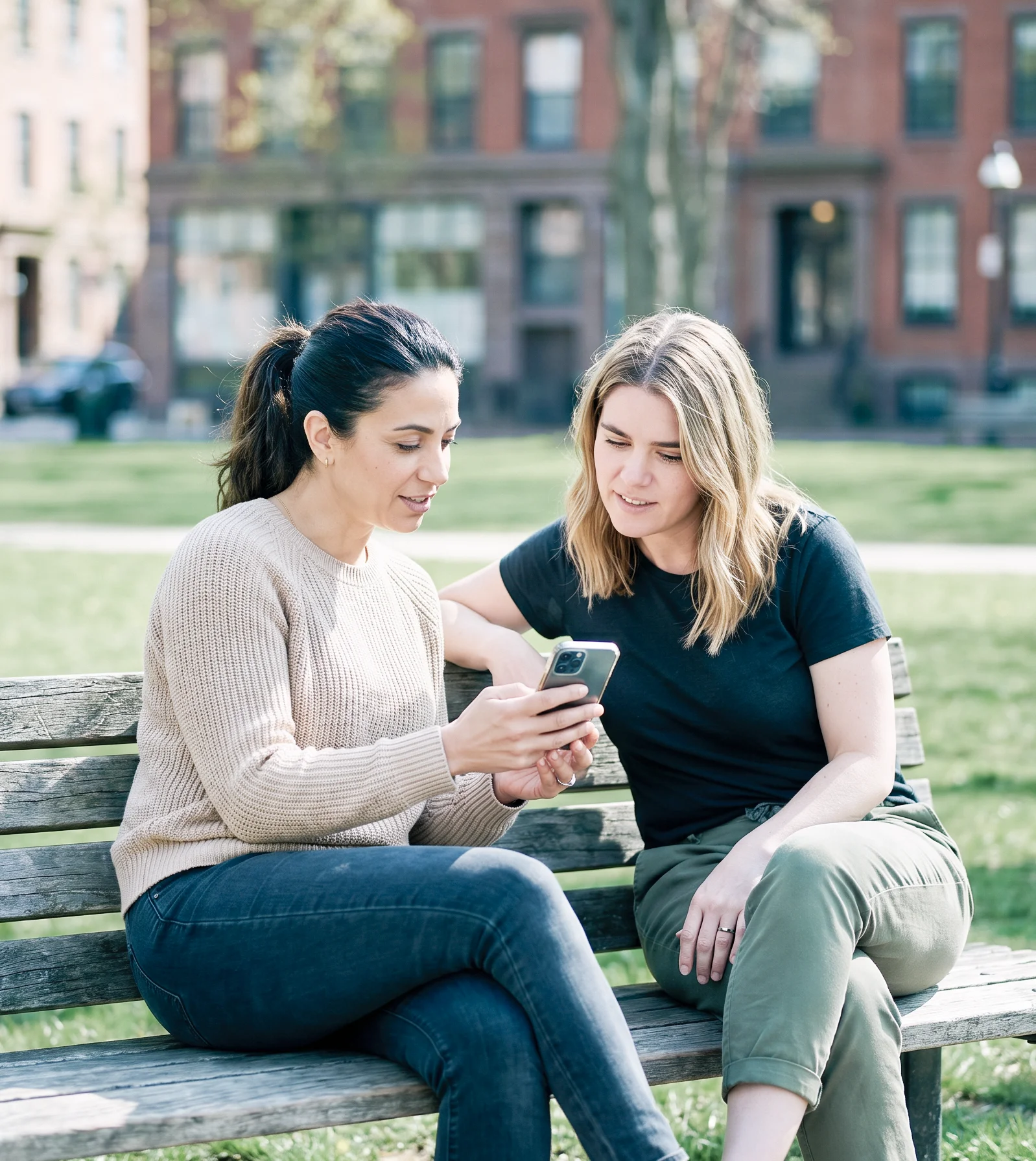 Zwei Frauen sitzen auf einer Parkbank und schauen gemeinsam auf ein Smartphone; im Hintergrund sind eine Rasenfläche und Gebäude zu sehen.