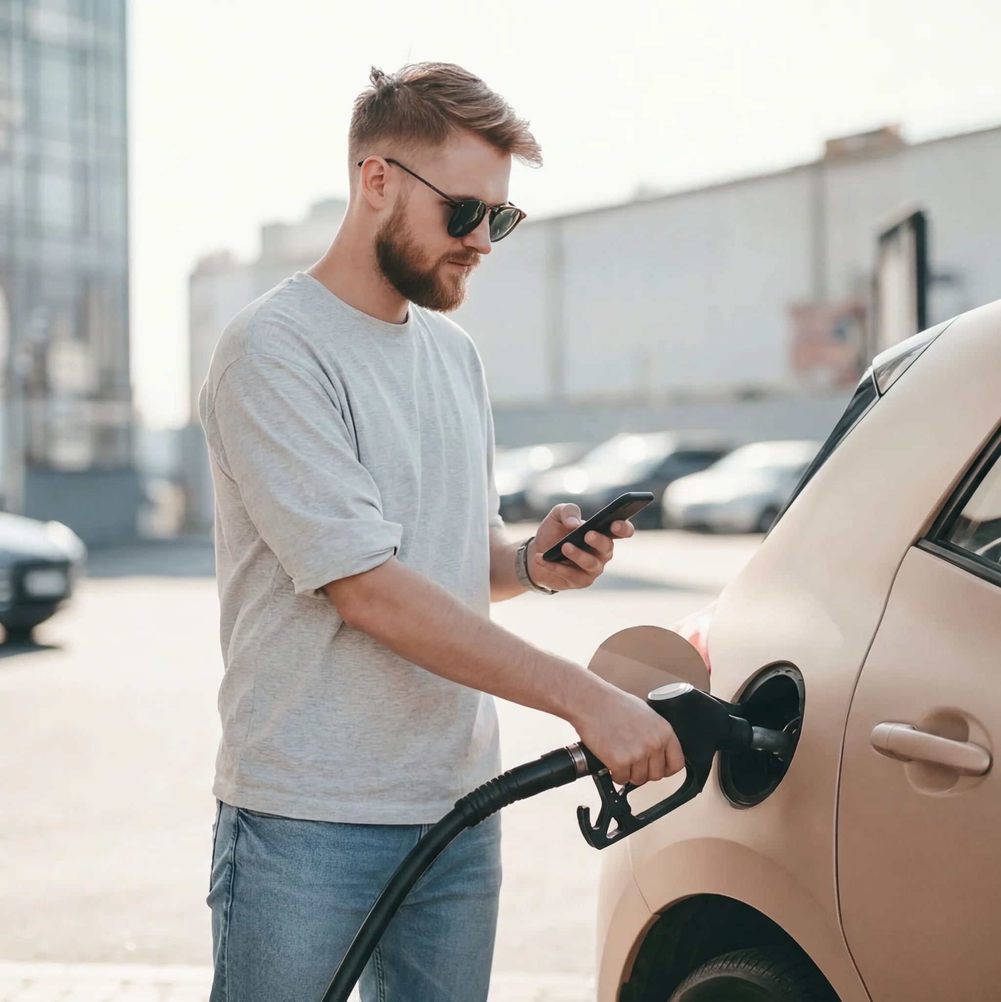 Mann steht an der Tankstelle und tankt sein Auto. Nebenbei schaut er auf sein Handy.