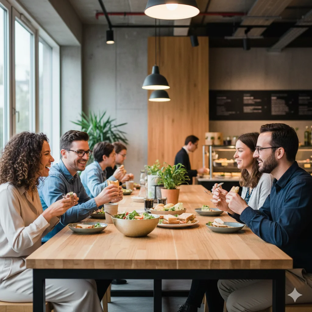 Mitarbeitende essen in Kantine zu Mittag