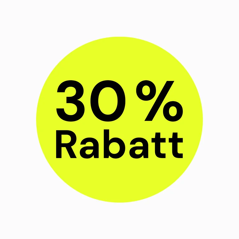 Neongrüner Kreis mit schwarzer Aufschrift „30% Rabatt“ auf weißem Hintergrund.
