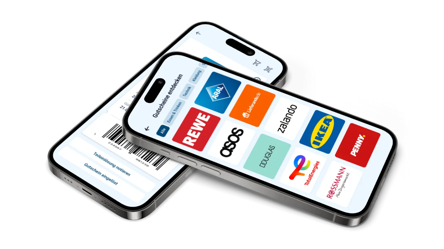 Zwei Smartphones welche die Benutzeroberfläche der Auswahl der Gutscheine in der App zeigen