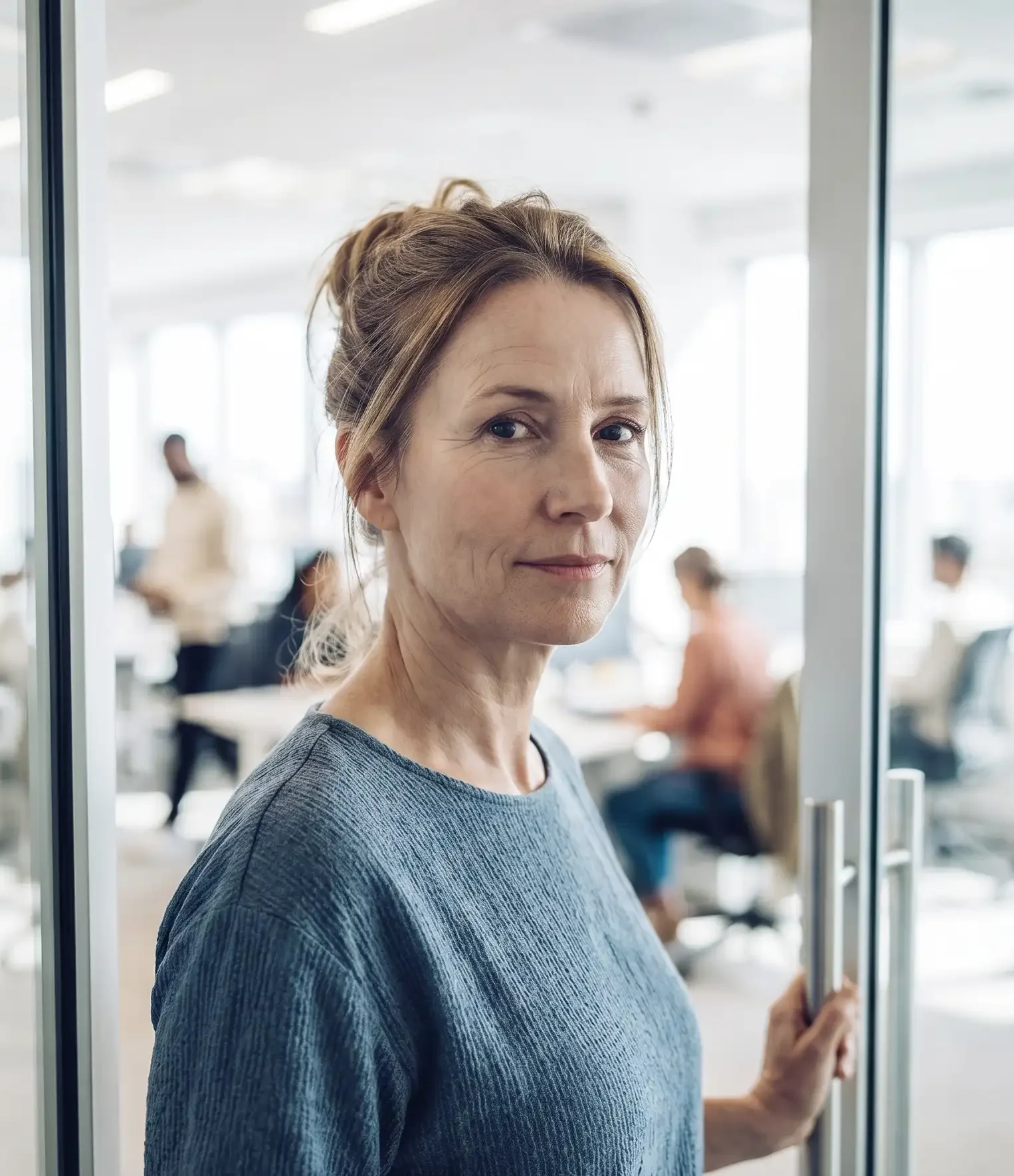 Frau im Büro mit Blick in die Kamera