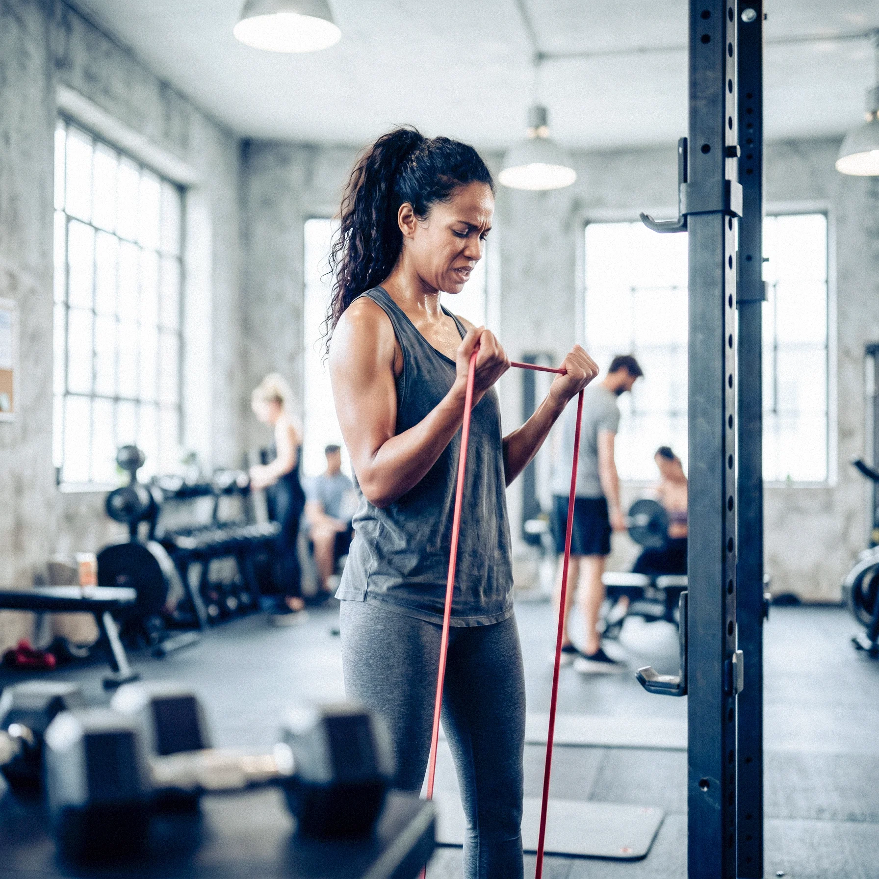 Frau trainiert im Fitnessstudio mit einem Widerstandsband und macht Bizepscurls; im Hintergrund sind weitere Trainierende und Geräte unscharf zu sehen.