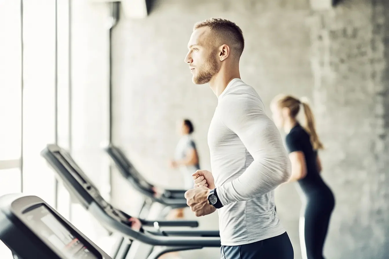 Shopping oder Fitnesssudio? Mann trainiert auf Ergometer in Fitnessstudio