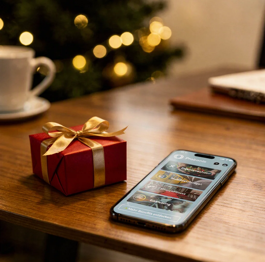Verpacktes Weihnachtsgeschenk liegt neben Handy mit geöffneter Probonio App auf dem Tisch