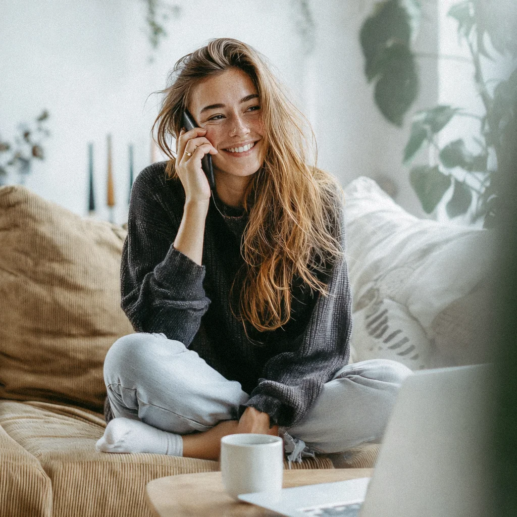 It-Leasing Frau sitzt auf dem Sofa und telefoniert. Vor ihr steht ein Laptop
