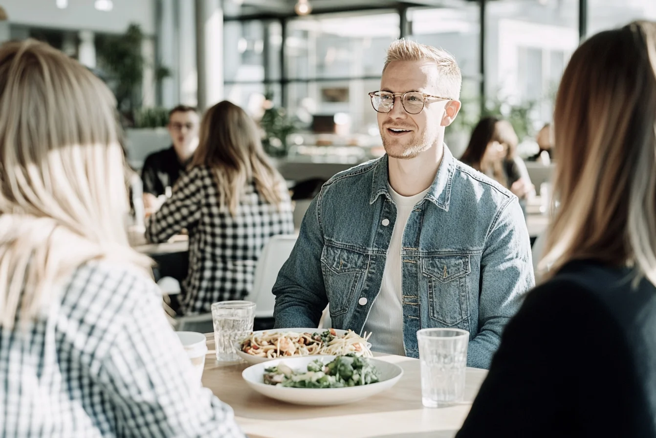 Essenszuschuss mit Probonio Mann mit 2 Kolleginnen beim Mittagessen
