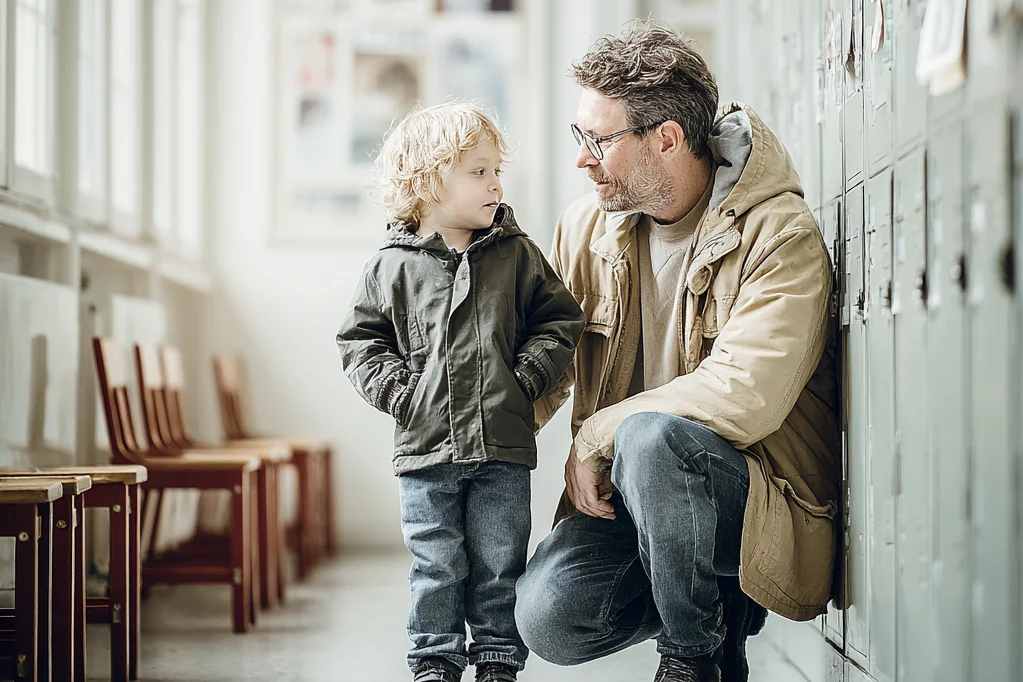 Kita-Zuschuss vom Arbeitgeber Papa und Sohn nebeneinander im Kindergarten