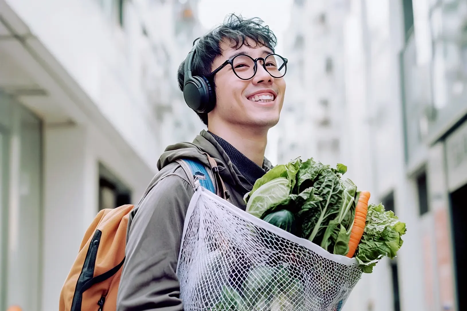 Mann mit Kopfhörer trägt Tasche mit Gemüse