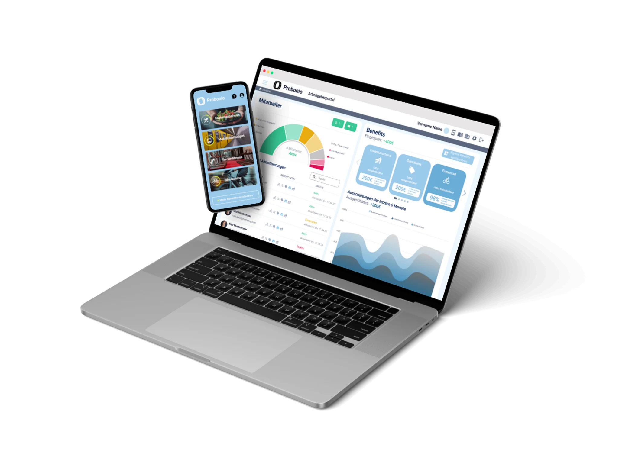 iPhone mit Probonio App und MacBook mit Probonio Portal