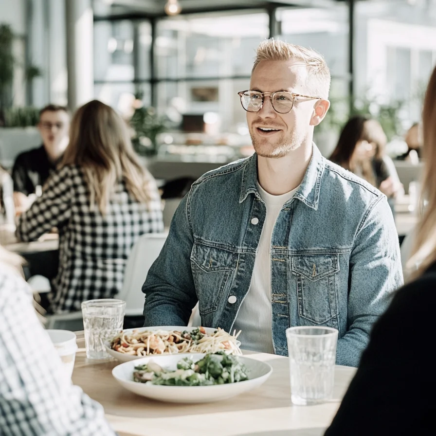 Flexibler Essenszuschuss mit digitalen Essensmarken Gruppe von Kolleginnen und Kollegen sitzt zusammen beim Mittagessen