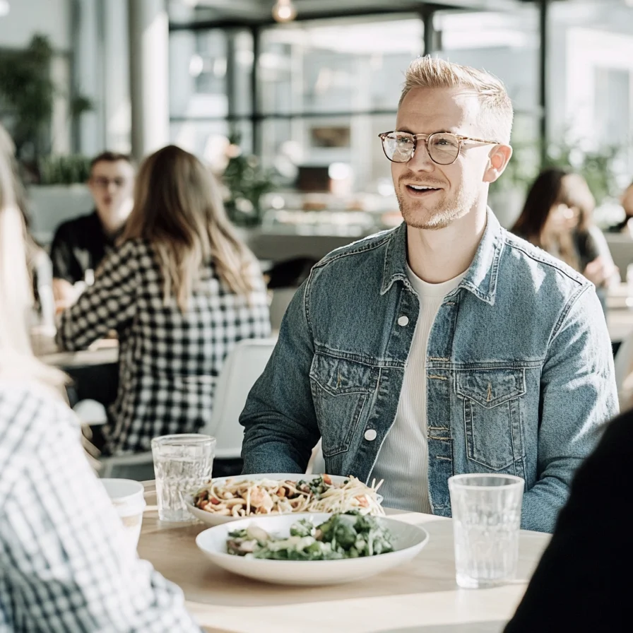 Gruppe von Kolleginnen und Kollegen sitzt zusammen beim Mittagessen