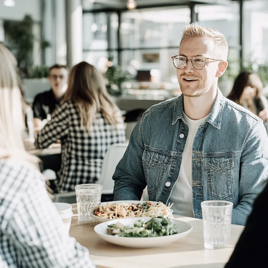 Flexibler Essenszuschuss mit digitalen Essensmarken Gruppe von Kolleginnen und Kollegen sitzt zusammen beim Mittagessen