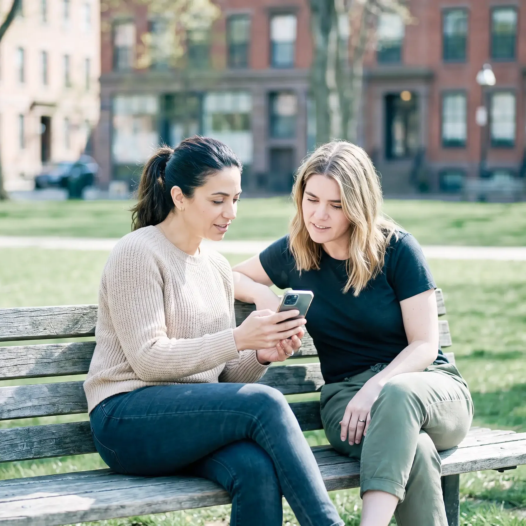 2 Frauen sitzen auf Parkbank und blicken auf Smartphone