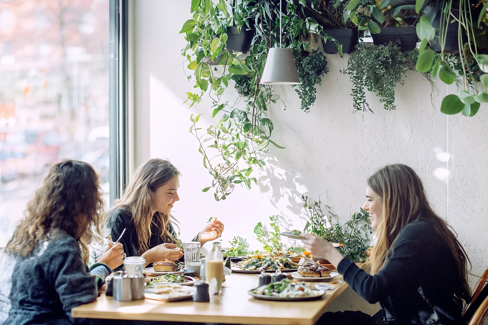Gruppe von Kolleginnen sitzt zusammen beim Mittagessen