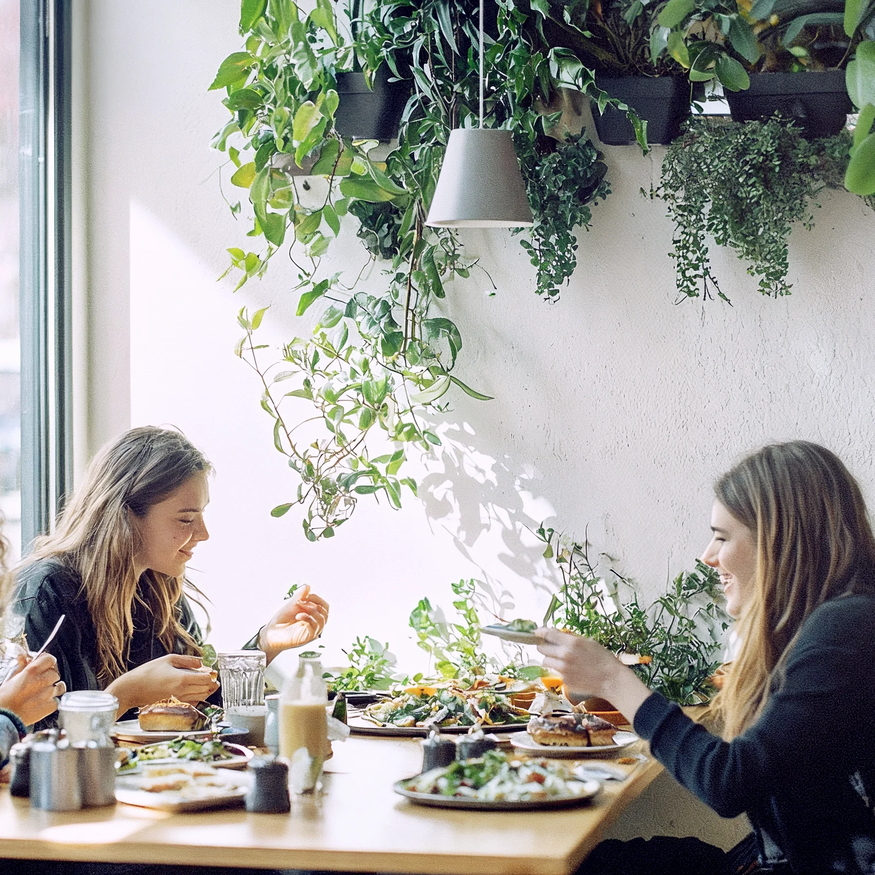 Flexibler Essenszuschuss mit digitalen Essensmarken Gruppe von Kolleginnen sitzt zusammen beim Mittagessen