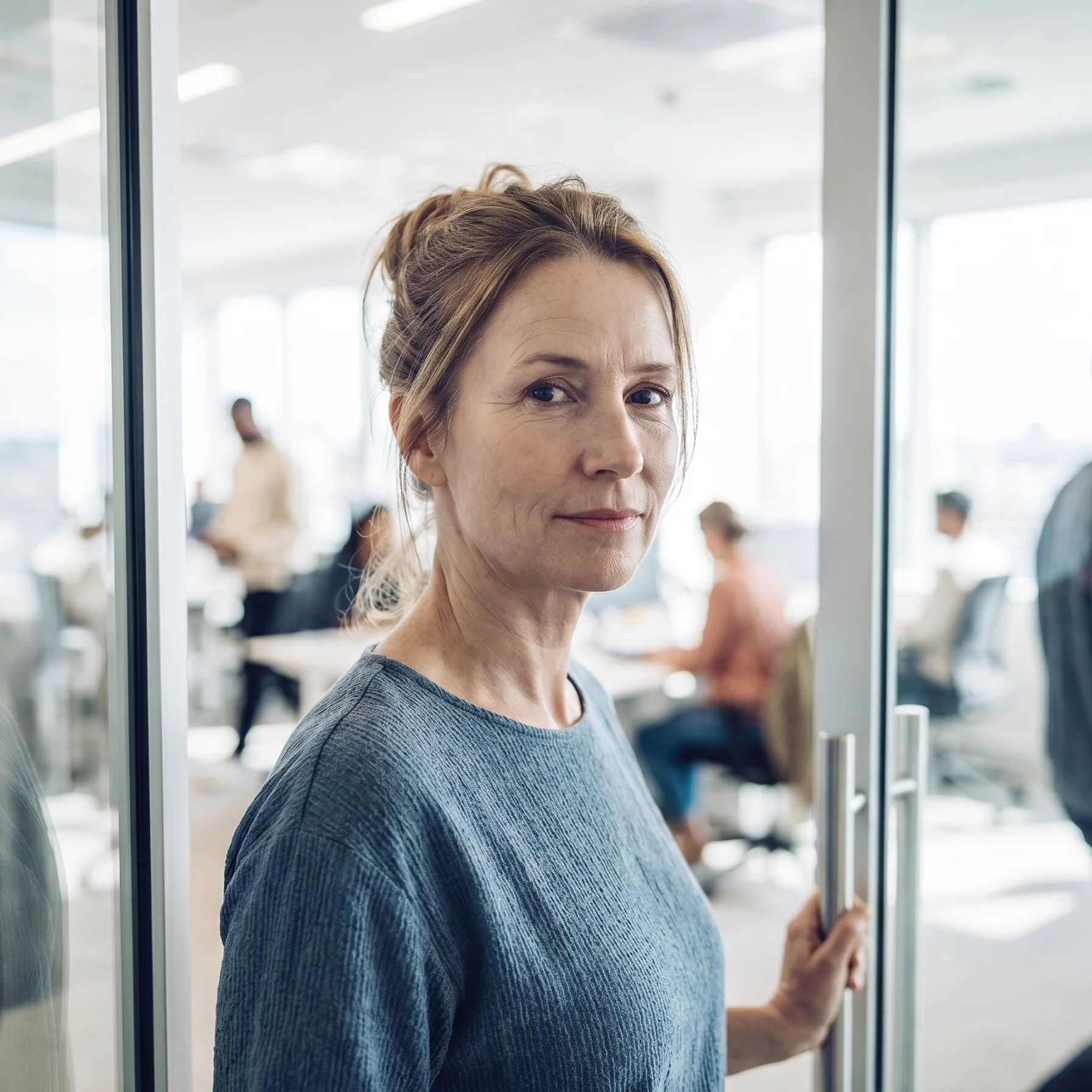 Mentale Gesundheit Frau mit Blick zur Kamera steht in Büro vor Glaswand
